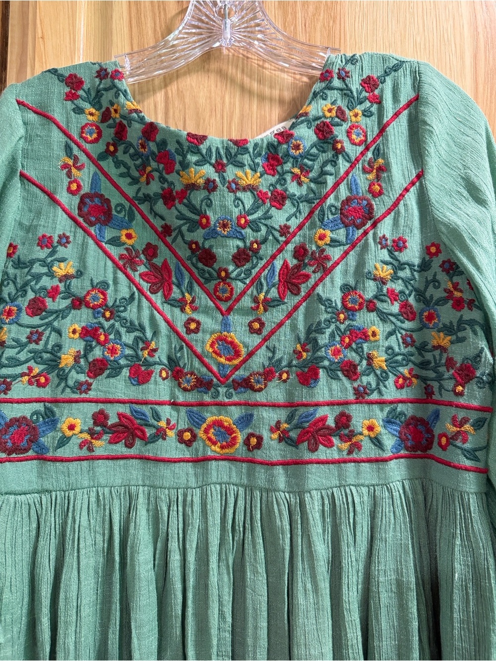 Umgee Size S Embroidered Green Babydoll Boho Hippie Flare Sleeve Tunic/Dress - Picture 2 of 8